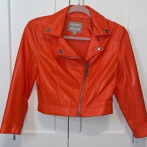 XS Guess Orange Cropped Faux Leather Jacket
